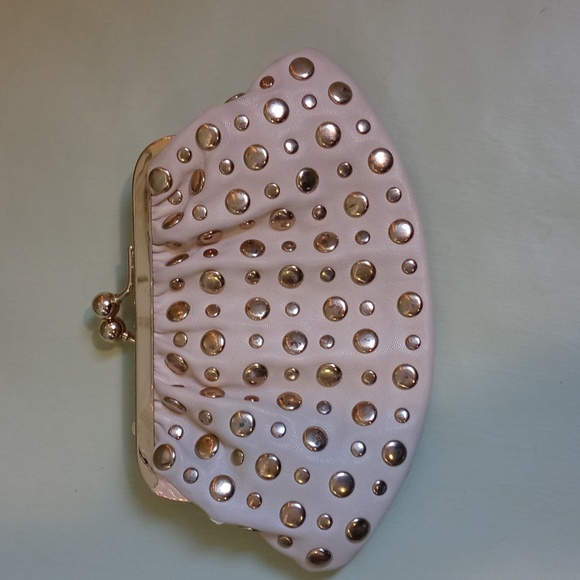 Women's VEGAN certified cream gold studded leather handheld 8×4½" clutch - Picture 7 of 12